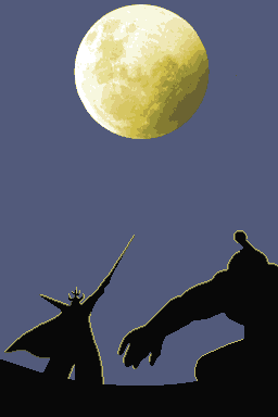 Silhouettes of the Steel Samurai in the foreground and the Evil Magistrate holding up a sword in the background with the moon in the sky above