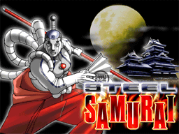 Steel Samurai show logo, with the Steel Samurai in the foreground holding a fan and a spear, Japanese buildings in the background, and the moon behind it