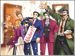 End of game celebration, from left to right: Ghost Mia looking pleased, Larry looking sad for being behind Maya, Maya smiling and holding a sign that says Victory in front of Phoenix, Phoenix looking slightly flustered at Maya, Edgeworth smiling and looking a Phoenix, and Gumshoe with a large smile and throwing confetti