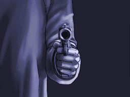 A person aims a gun forward from the hip. Only the gun, hand, and hip are seen