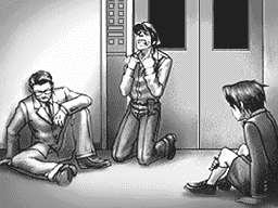 Inside an elevator, Gregory Edgeworth is sitting on the left, Yanni Yogi looking like he's choking in the center, and kid Miles Edgeworth on the right