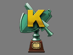 King of Prosecutor's award. A green broken shield is on a pedestal with a broken sword on top. A large yellow K is on top of both.