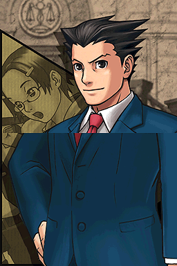 Phoenix Wright looks proud in the foreground with a sepia image of Maggey Byrde in the background.