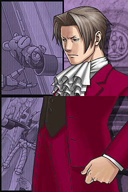 Edgeworth faces to his right with a serious expression and clenched fist toward a dark purple-tinted image of a teddy bear being handed to a metal hand.