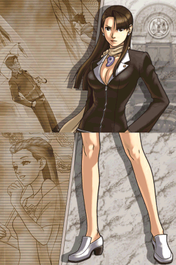 Mia Fey stands with a serious expression with background sepia images of Young Phoenix and Doug Swallow looking at each other and Dahlia Hawthorne.
