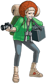 Lotta Hart gritting her teeth, carrying several of heavy bags, wearing binoculars, and holding a camera in her right hand