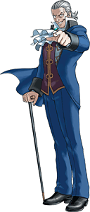 Manfred von Karma, wearing an evil smirk, pointing forward with his right hand, and holding a cane in his left hand