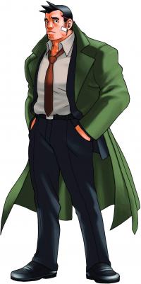 Full profile of Detective Gumshoe, who is standing with a slightly curious expression and hands in his pockets